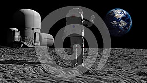 Astronaut walking on the moon and admiring the beautiful Earth. CG Animation. Elements of this image furnished by NASA. 3D