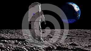 Astronaut walking on the moon and admiring the beautiful Earth. Waving his hand to the Earth. CG Animation. Elements of