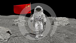 Astronaut walking on the moon with Chinese flag. CG Animation. Some Elements of this video furnished by NASA.