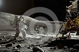 Astronaut walking on the moon with lunar module and rover in the background