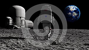Astronaut walking on the moon near the lunar station and admiring the beautiful Earth. Waving his hand to the Earth. CG