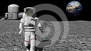 Astronaut walking on the moon near the lunar station and Waving his hand. CG Animation. Elements of this video furnished