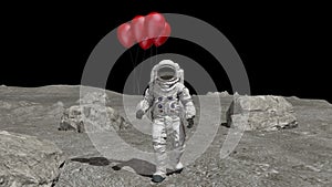 Astronaut walking on the moon with red balloons. Birthday celebration on the moon. Elements of this video furnished by