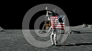 Astronaut walking on the moon and saluting the American flag.. CG Animation. Some Elements of this video furnished by NASA.