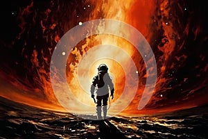 astronaut walking on a planet in outer space, light effects, stars and galaxy