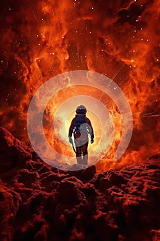 astronaut walking on a planet in outer space, light effects, stars and galaxy