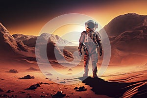An astronaut walking on the surface of Mars, with the red landscape stretching out into the horizon