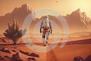 An astronaut walking on the surface of Mars, with the red landscape stretching out into the horizon