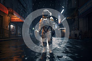 Astronaut walks on dark city street. Generate ai