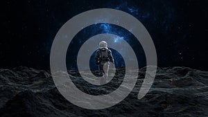 Astronaut walks on desolate moon, nebulous cosmic clouds and stars swirling in the space above. 3d render