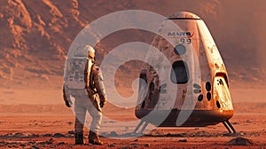 Astronaut walks near spacecraft or Mars lander, spaceman and Martian spaceship on red mountain background. Concept of planet,