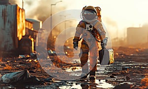 The astronaut walks on the surface of the ruined planet. Photorealistic 3d illustration of science fiction scene