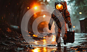 Astronaut walks on the wet road with suitcase in the rain Foto de archivo photo