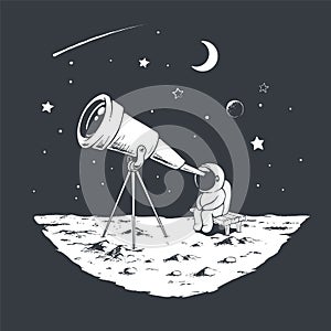 Astronaut watching the stars through telescope