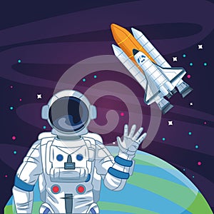 Astronaut waving hand spacecraft planet space exploration