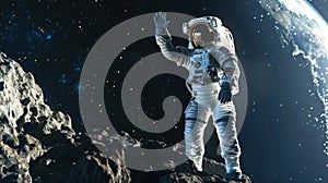 An astronaut waving while standing on an asteroid