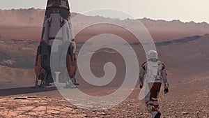 Astronaut wearing space suit walking on the surface of mars. Exploring mission to mars. Futuristic colonization and