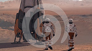 Astronaut Wearing Space Suit Walking On The Surface Of Mars. Exploring Mission To Mars. Futuristic Colonization and Space