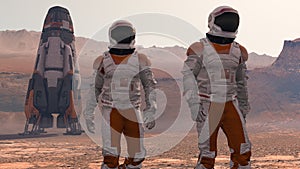 Astronaut Wearing Space Suit Walking On The Surface Of Mars. Exploring Mission To Mars. Futuristic Colonization and Space