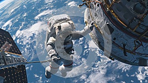 Astronaut wearing spacesuit conducts essential spaceship maintenance