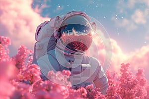 Astronaut wearing a spacesuit surrounded by flowers, travel to a new galaxy, planet earth from the space, exploration of the