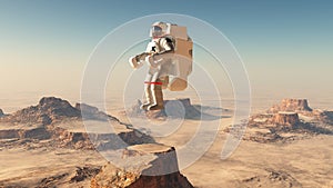 Astronaut in weightlessness over a desert landscape