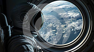 Astronaut in White Spacesuit Seated Next to Spacecraft Porthole. Human Space Flight. AI Generated