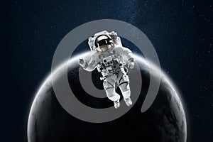 Astronaut in a white spacesuit in space on the background of the moon. Exploring space and other planets, colonizing the solar