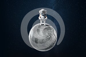An astronaut in a white spacesuit standing on the surface of the moon. Exploring space and other planets, colonizing the solar