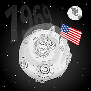 Astronaut whith flag USA on the moon bw