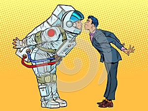 Astronaut woman or man prepared for a kiss with the groom