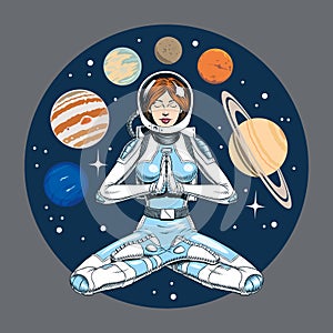 Astronaut woman meditating in the lotus pose. Solar planets and stars on the background. Space yoga vector illustration.