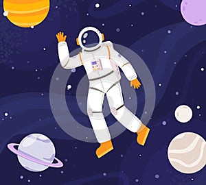 Astronaut working in outer space. Universe explorer, interstellar adventures and travel. Cartoon cosmonaut character