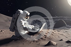 An astronaut works on his laptop at a space base on one of the new planets. 3D Rendering