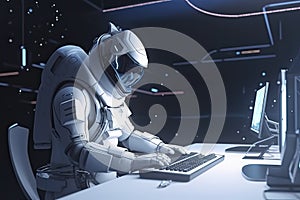 An astronaut works on his laptop at a space base on one of the new planets. 3D Rendering