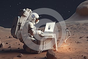 An astronaut works on his laptop at a space base on one of the new planets. 3D Rendering