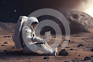 An astronaut works on his laptop at a space base on one of the new planets. 3D Rendering