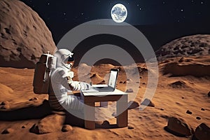 An astronaut works on his laptop at a space base on one of the new planets. 3D Rendering