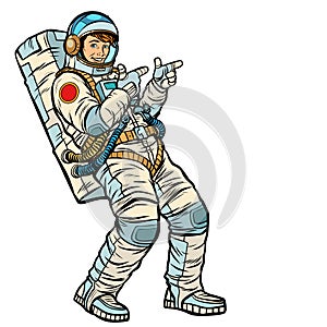 Astronaut young man points. isolate on a white background