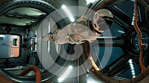 An astronaut in zero gravity checks the module of his spaceship. 3D Rendering.