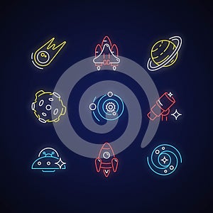 Astronautic neon light icons set