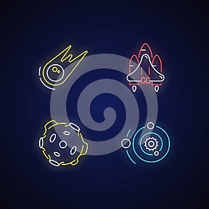 Astronautic neon light icons set