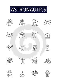 Astronautics line vector icons and signs. Astronautics, Orbital, Flight, Technology, Rockets, Propulsion, Spacecraft