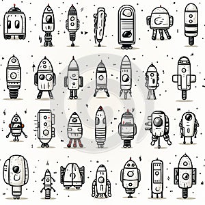 Astronautics scribbles seamless pattern - hand-drawn space-themed on white background