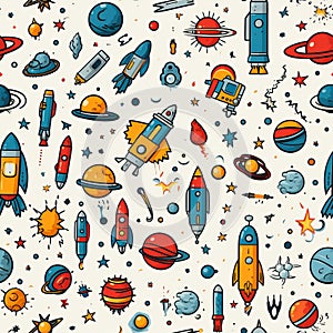 Astronautics scribbles seamless pattern - hand-drawn space-themed on white background