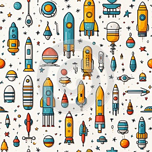 Astronautics scribbles seamless pattern - hand-drawn space-themed on white background
