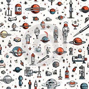 Astronautics scribbles seamless pattern - hand-drawn space-themed on white background