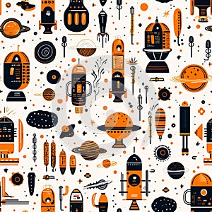 Astronautics scribbles seamless pattern - hand-drawn space-themed on white background