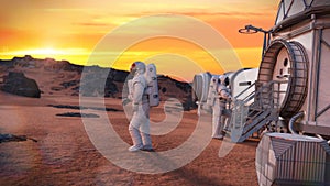 Astronauts around a Mars base, research habitat on the surface of the red plane