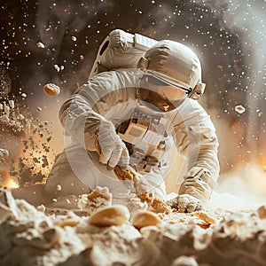 Astronauts baking soft cookies in zero gravity, kneading dough and decorating with cosmic icing